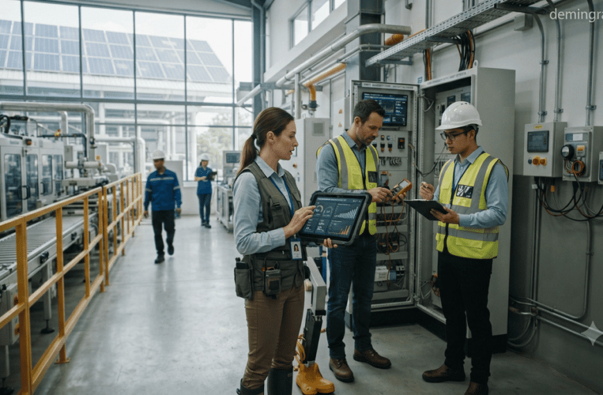 Sustainability experts monitoring environmental footprint data and assessing energy, resource, and carbon impacts at an industrial facility.