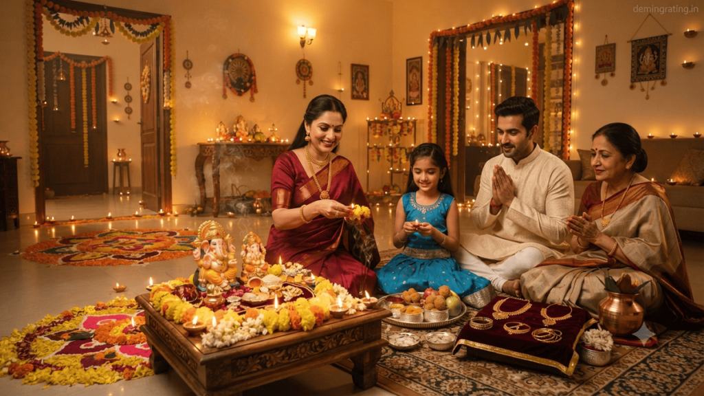 A family performing Dhanteras Lakshmi Puja at home with diyas, rangoli, flowers, silver coins, gold jewelry, and traditional festive decorations.