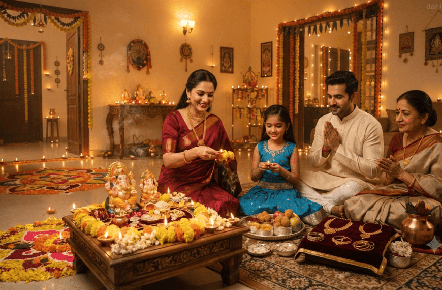A family performing Dhanteras Lakshmi Puja at home with diyas, rangoli, flowers, silver coins, gold jewelry, and traditional festive decorations.