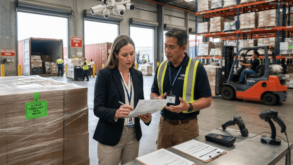 C-TPAT auditor reviewing supply chain security documents with a warehouse manager during a compliance inspection in a logistics facility.