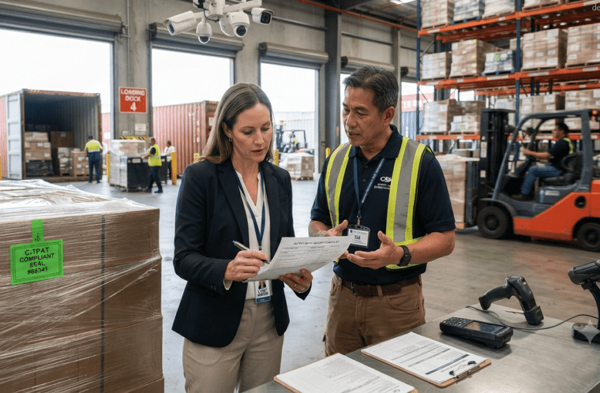 C-TPAT auditor reviewing supply chain security documents with a warehouse manager during a compliance inspection in a logistics facility.