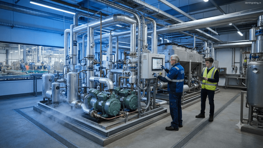 Modern industrial CO₂ refrigeration system with stainless steel piping, compressors, and digital controls inside a clean food processing facility.
