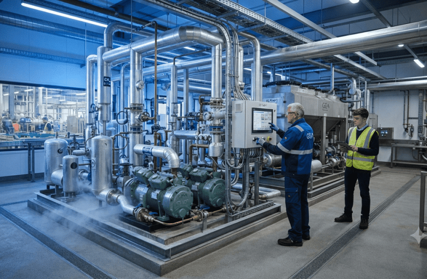 Modern industrial COโ refrigeration system with stainless steel piping, compressors, and digital controls inside a clean food processing facility.