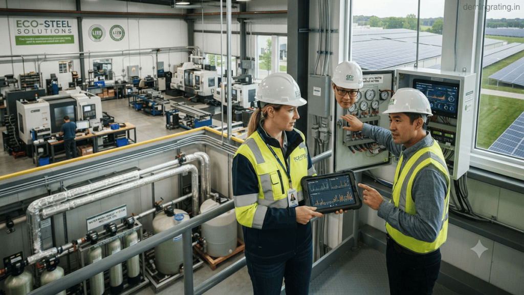 Environmental Due Diligence. Sustainability experts monitoring environmental footprint data and assessing energy, resource, and carbon impacts at an industrial facility.