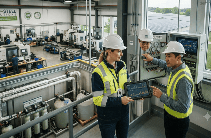 Environmental Due Diligence. Sustainability experts monitoring environmental footprint data and assessing energy, resource, and carbon impacts at an industrial facility.