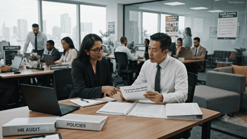 Ethical Audits. Professional auditor reviewing workplace policies and compliance documents with company management during an ethical audit.
