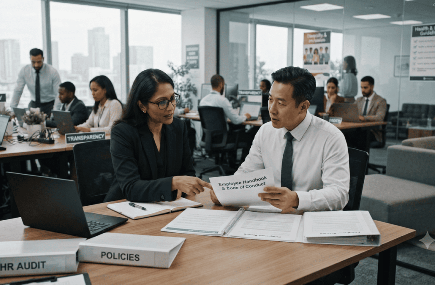 Ethical Audits. Professional auditor reviewing workplace policies and compliance documents with company management during an ethical audit.