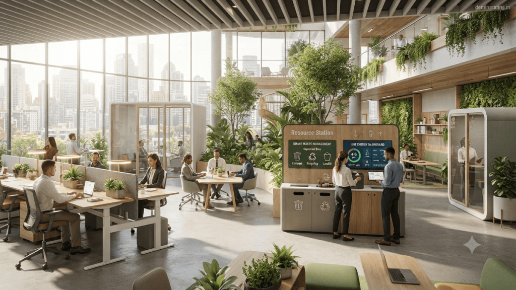 Modern green-certified office interior with tenants working in a sustainable workspace featuring natural light, indoor plants, smart systems, and energy-efficient design.