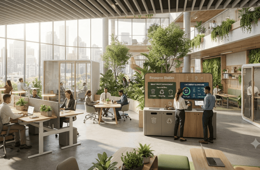 Modern green-certified office interior with tenants working in a sustainable workspace featuring natural light, indoor plants, smart systems, and energy-efficient design.