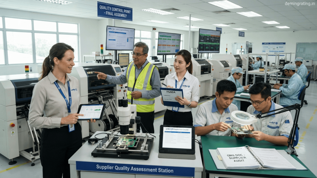 Quality management team conducting a supplier assessment and reviewing production processes in a manufacturing facility using amfori QMI principles.