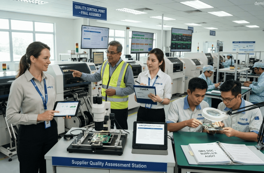 Quality management team conducting a supplier assessment and reviewing production processes in a manufacturing facility using amfori QMI principles.