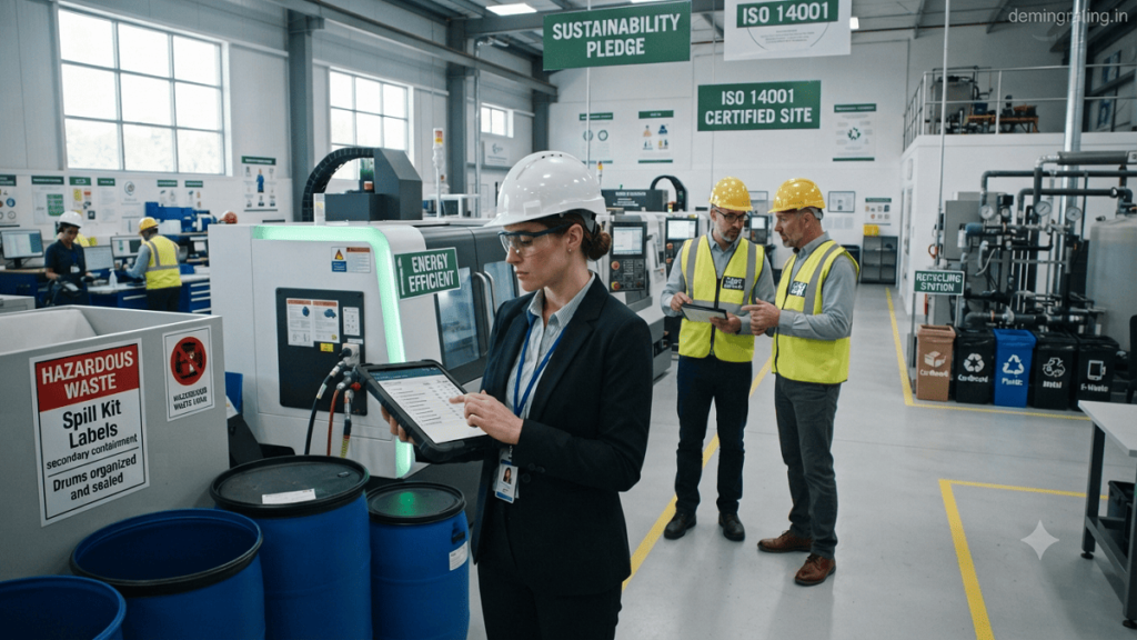 Environmental Audits. Environmental auditor inspecting manufacturing equipment and reviewing compliance documents inside a modern industrial facility.
