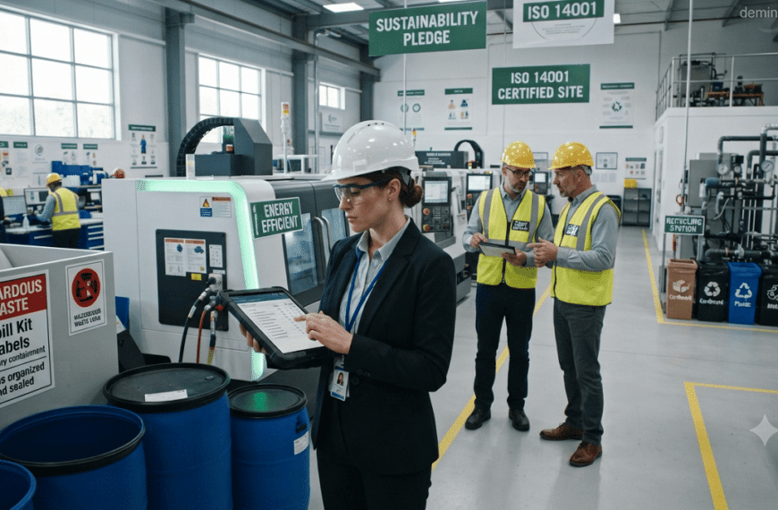 Environmental Audits. Environmental auditor inspecting manufacturing equipment and reviewing compliance documents inside a modern industrial facility.