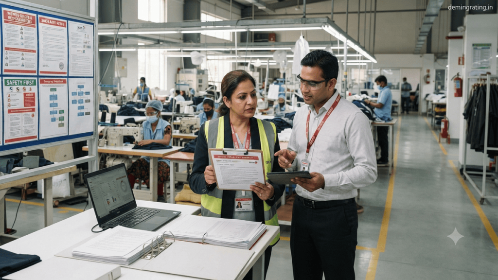 SMETA (Sedex) SMETA auditor reviewing ethical compliance documents with a factory manager during a workplace assessment in a manufacturing facility.