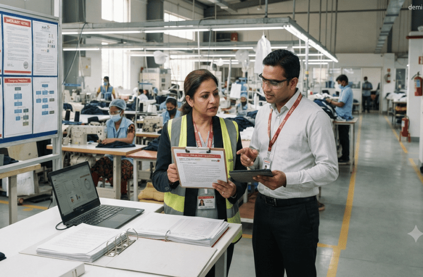 SMETA (Sedex) SMETA auditor reviewing ethical compliance documents with a factory manager during a workplace assessment in a manufacturing facility.