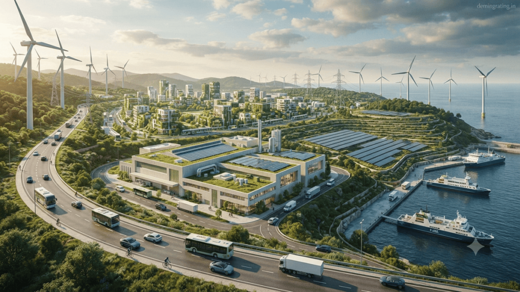A realistic industrial scene showing de-carbonization technology with renewable energy systems, wind turbines, solar panels, clean factories, electric vehicles, and sustainable infrastructure.