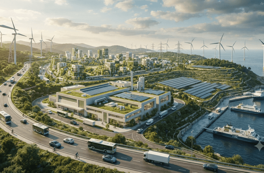 A realistic industrial scene showing de-carbonization technology with renewable energy systems, wind turbines, solar panels, clean factories, electric vehicles, and sustainable infrastructure.
