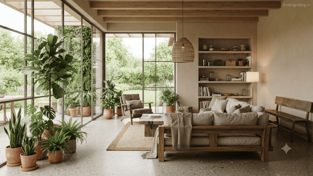 Green Interiors. Eco-friendly green interior design with sustainable materials, natural lighting, indoor plants, and modern energy-efficient workspace features