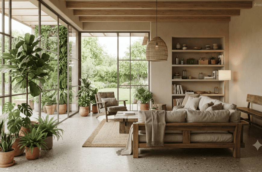 Green Interiors. Eco-friendly green interior design with sustainable materials, natural lighting, indoor plants, and modern energy-efficient workspace features