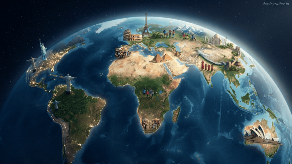A realistic global scene showing Earth, diverse landscapes, cultural landmarks, and people representing different countries and cultures, highlighting geography, history, and global diversity.
