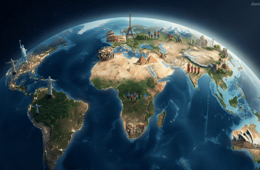 A realistic global scene showing Earth, diverse landscapes, cultural landmarks, and people representing different countries and cultures, highlighting geography, history, and global diversity.
