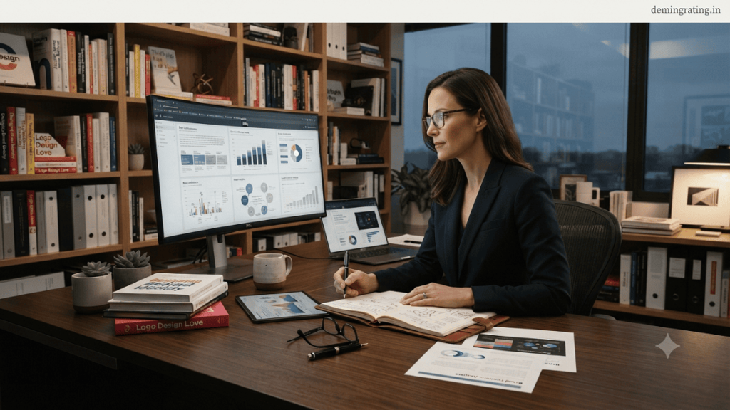 A realistic professional workspace representing the Sage brand archetype with knowledge, research, strategic thinking, and branding elements that symbolize expertise and trust.
