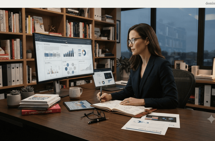A realistic professional workspace representing the Sage brand archetype with knowledge, research, strategic thinking, and branding elements that symbolize expertise and trust.