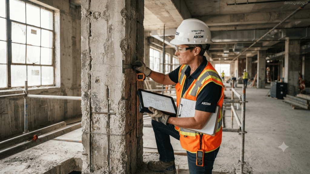 Structural Audits Professional structural engineer inspecting reinforced concrete columns inside a commercial building during a structural audit using digital inspection equipment.