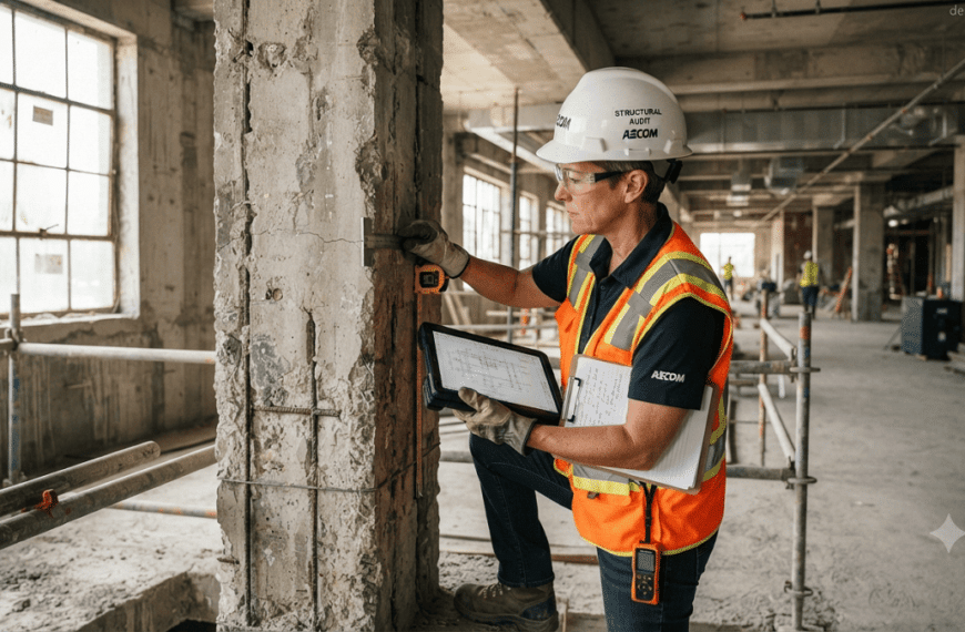 Structural Audits Professional structural engineer inspecting reinforced concrete columns inside a commercial building during a structural audit using digital inspection equipment.