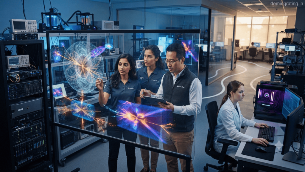 Finite Element Method Researchers analyzing a FEM Higgs simulation model on advanced digital screens in a modern physics laboratory.