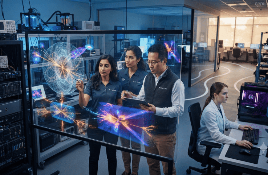 Finite Element Method Researchers analyzing a FEM Higgs simulation model on advanced digital screens in a modern physics laboratory.