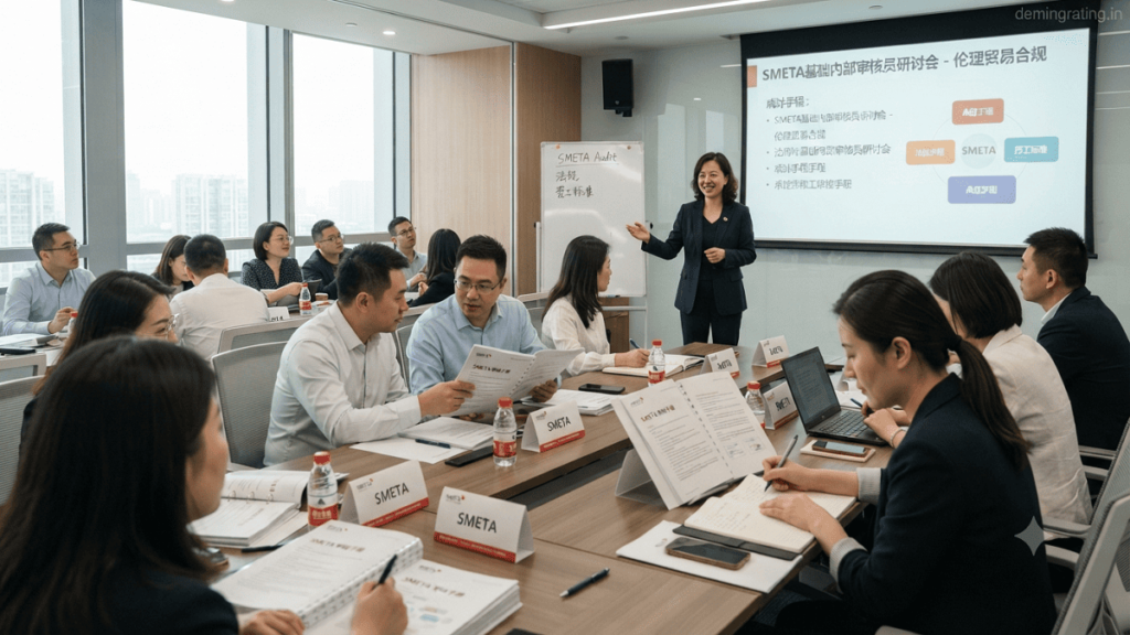 Chinese-speaking professionals attending a SMETA Basic Internal Auditor Workshop in a modern corporate training classroom.