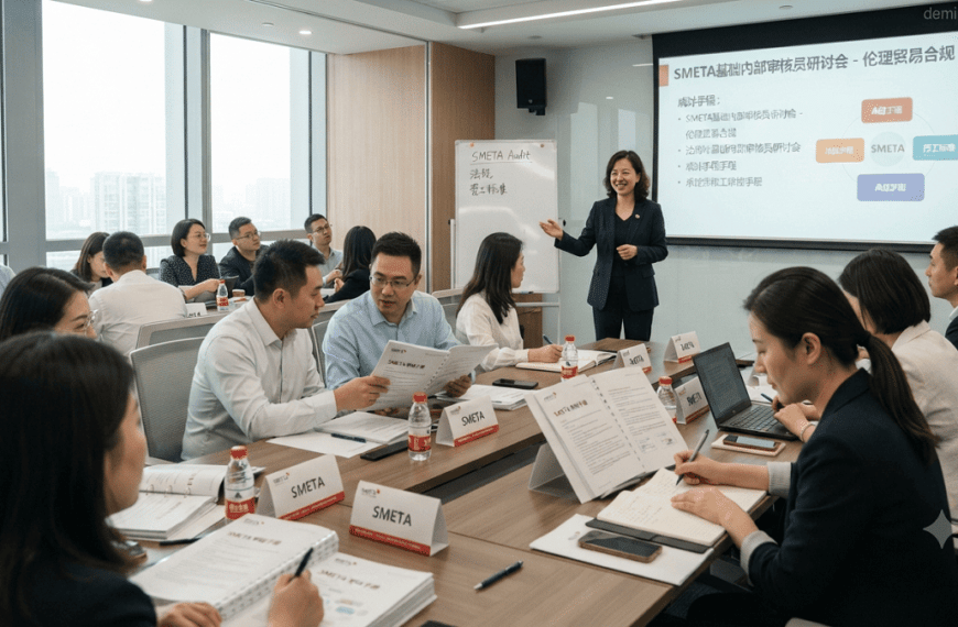Chinese-speaking professionals attending a SMETA Basic Internal Auditor Workshop in a modern corporate training classroom.