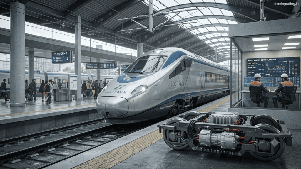 Modern high-speed electric train using advanced energy-efficient traction technology with smart railway power systems.