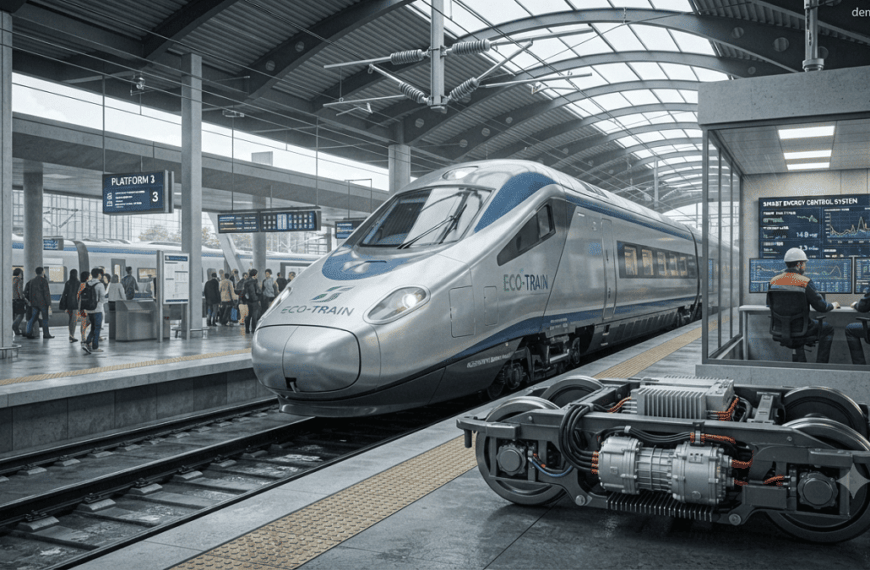 Modern high-speed electric train using advanced energy-efficient traction technology with smart railway power systems.