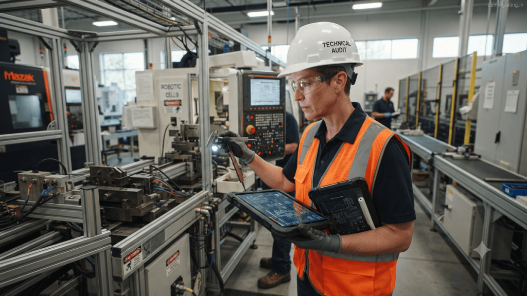 Technical Audits Technical auditor inspecting industrial machinery and automation systems during a professional technical audit in a manufacturing facility.