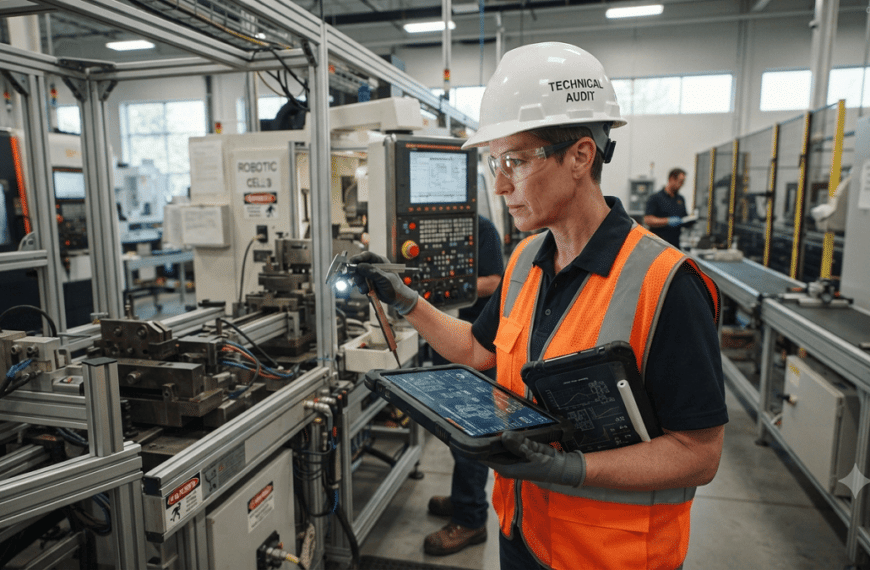 Technical Audits Technical auditor inspecting industrial machinery and automation systems during a professional technical audit in a manufacturing facility.