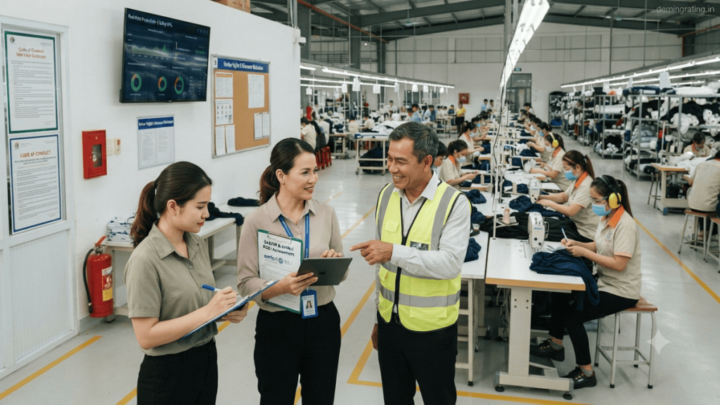 Sustainability auditor and factory management team reviewing social compliance practices in a manufacturing facility for standards such as amfori BSCI and SA8000.