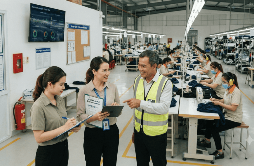 Sustainability auditor and factory management team reviewing social compliance practices in a manufacturing facility for standards such as amfori BSCI and SA8000.