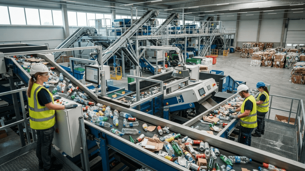A modern recycling facility with automated sorting machines, conveyor belts, and workers processing plastic, metal, paper, and glass materials for sustainable recycling.