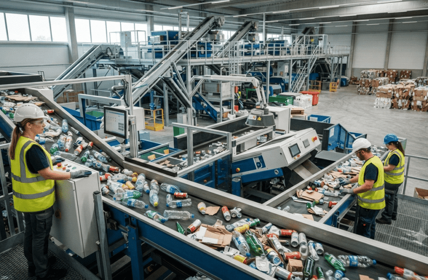 A modern recycling facility with automated sorting machines, conveyor belts, and workers processing plastic, metal, paper, and glass materials for sustainable recycling.