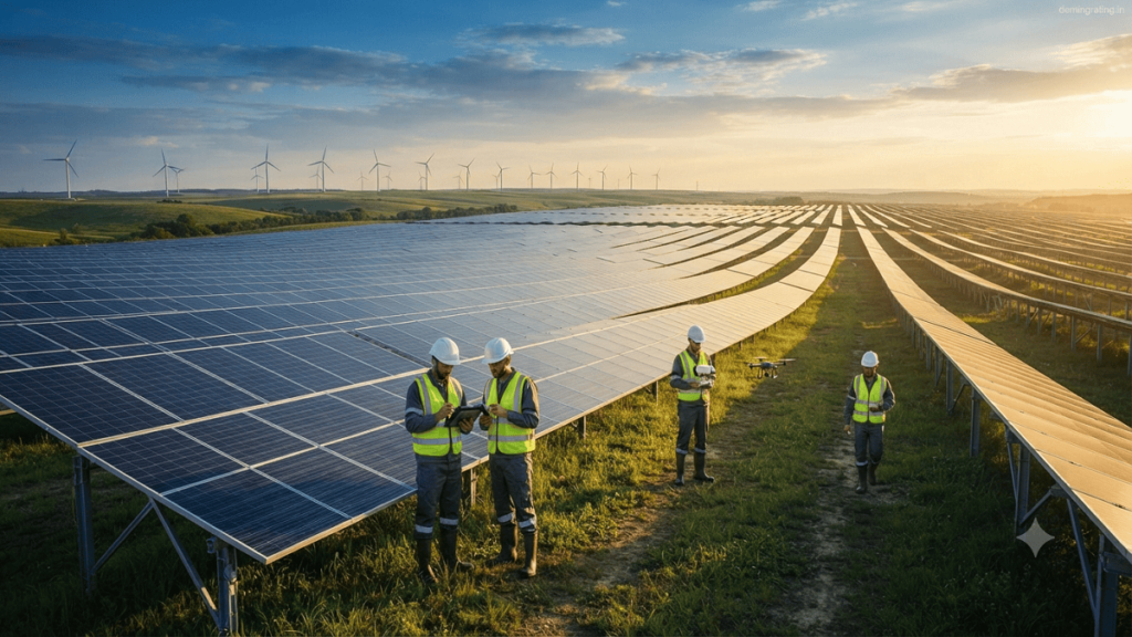 A large solar energy farm with thousands of photovoltaic panels under a clear blue sky, while engineers inspect the site using digital tablets and drones, showcasing clean and sustainable renewable energy.