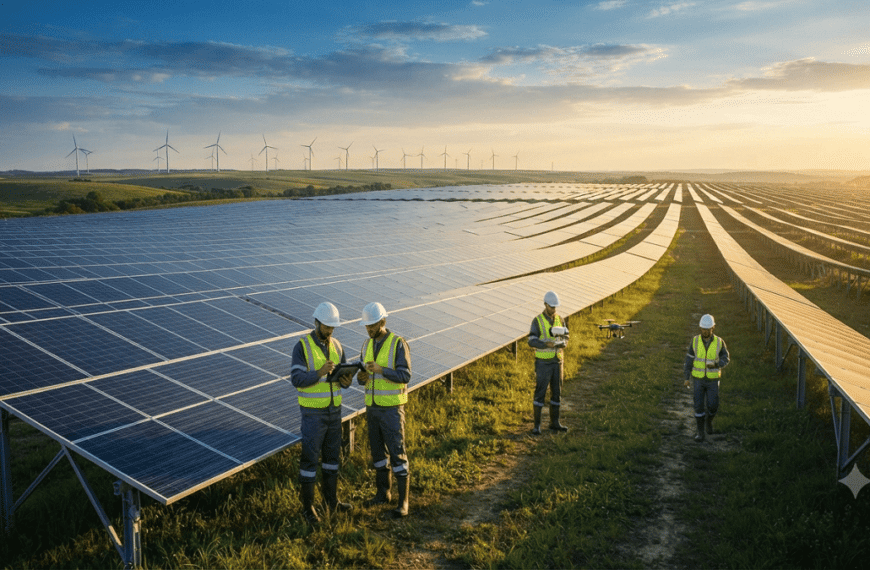 A large solar energy farm with thousands of photovoltaic panels under a clear blue sky, while engineers inspect the site using digital tablets and drones, showcasing clean and sustainable renewable energy.