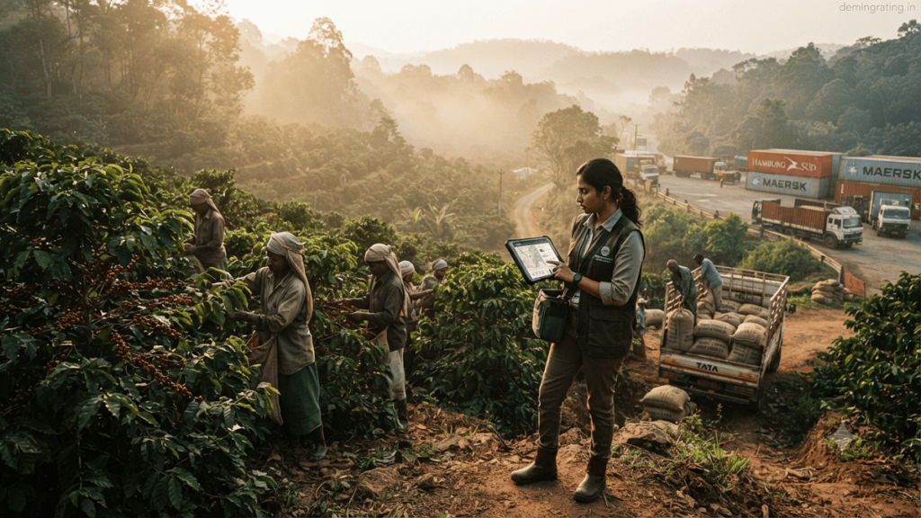 Professional sustainability officer using a tablet to verify traceability data in an Indian coffee plantation under the EU Deforestation Regulation (EUDR).
