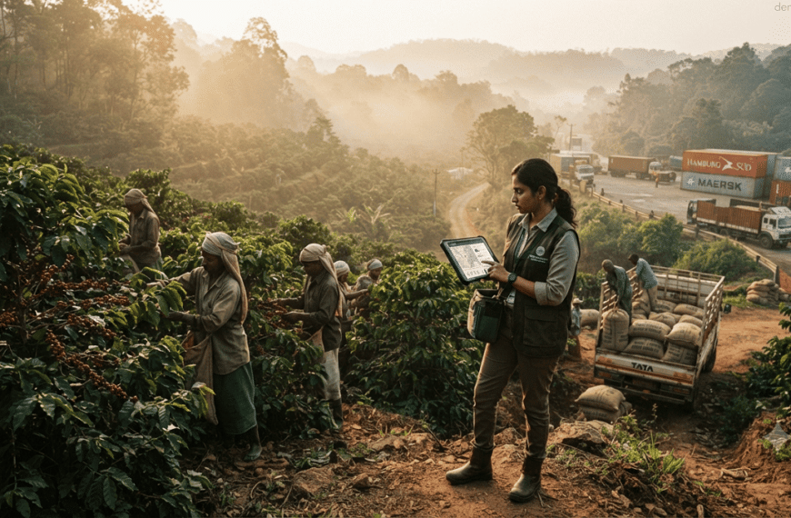 Professional sustainability officer using a tablet to verify traceability data in an Indian coffee plantation under the EU Deforestation Regulation (EUDR).
