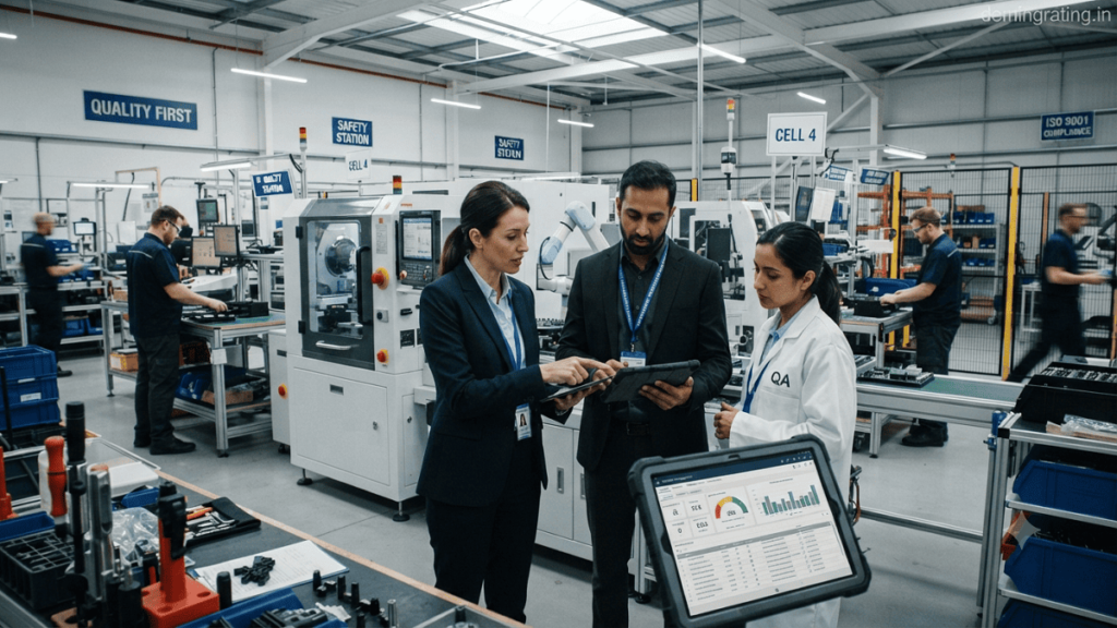 Deming Ratings Supplier Audit Professional auditors conducting a supplier audit inside a manufacturing facility, reviewing production processes, quality records, and compliance practices.