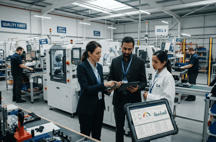 Deming Ratings Supplier Audit Professional auditors conducting a supplier audit inside a manufacturing facility, reviewing production processes, quality records, and compliance practices.