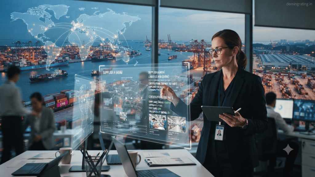 Supply chain manager reviewing supplier data and global logistics networks to assess risks, compliance, and due diligence processes.