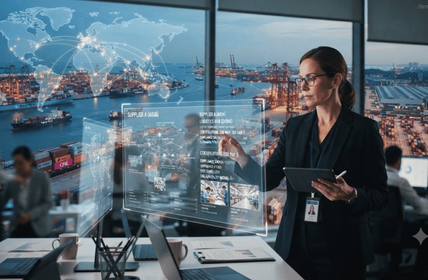 Supply chain manager reviewing supplier data and global logistics networks to assess risks, compliance, and due diligence processes.