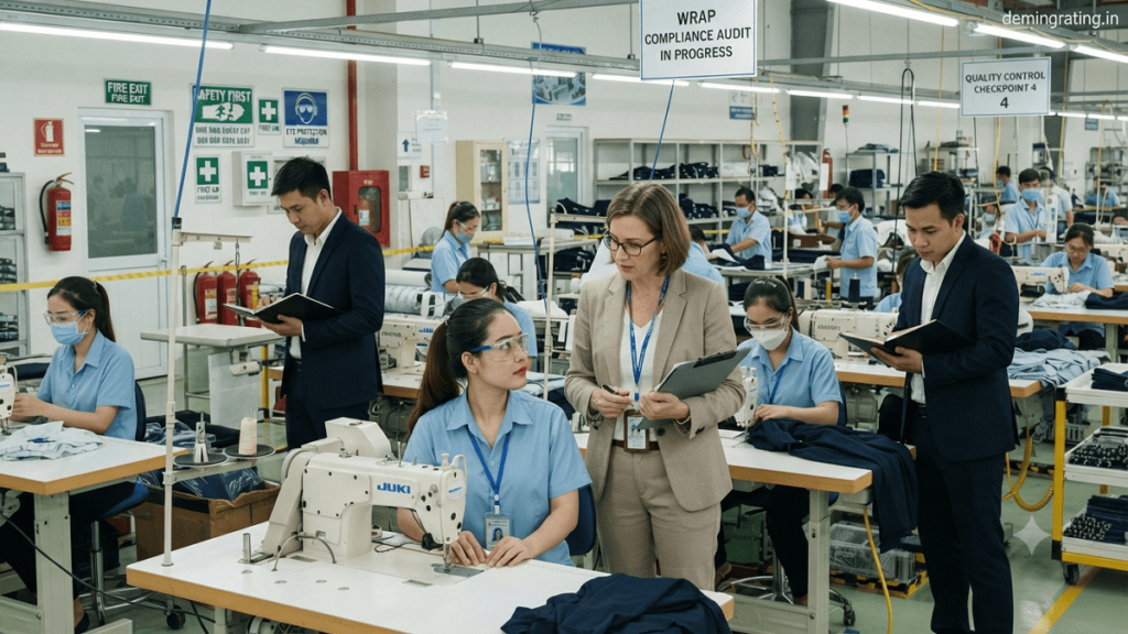 Professional auditors conducting a WRAP compliance audit inside a modern manufacturing facility, inspecting production lines, reviewing documents, and evaluating workplace safety.